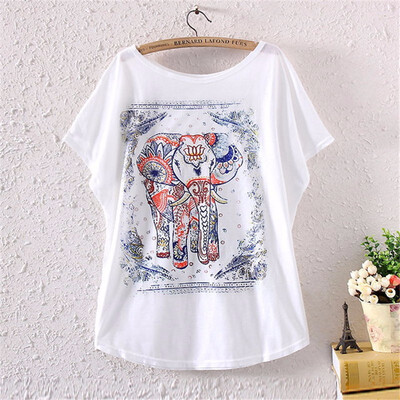 

Vintage Spring Summer Digital Printing Girl Womens Loose Short Batwing Sleeve T-shirt