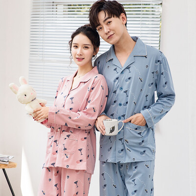 

Dings grate pajamas men&women spring&autumn winter long-sleeved cotton couple models lapel can wear outside home service casual cardigan suit J4881 blue XL