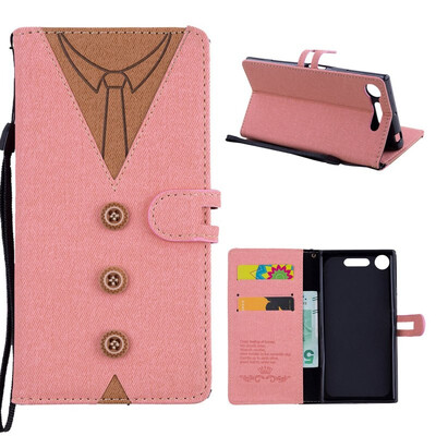

MOONCASE Sony Xperia XZ1 stitching embossed mens leather case - powder
