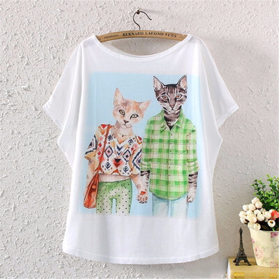

Vintage Spring Summer Digital Printing Girl Womens Loose Short Batwing Sleeve T-shirt