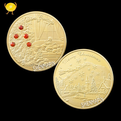 

Christmas kids diamond commemorative coins Christmas snow scene gold plated silver coins holiday party gift coin collectibles