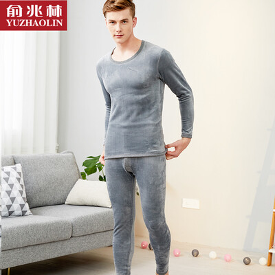 

Yu Zhaolin thermal underwear male&female couple plus velvet thickening gold velvet round neck suit autumn clothing long trousers cotton male - light gray