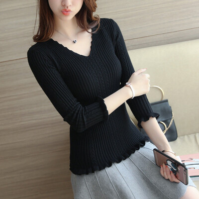 

Long Yue womens V-neck sweater womens head long sleeve 2019 new Slim autumn&winter womens bottoming shirt fashion wild sweater LWYC188141 black one yard