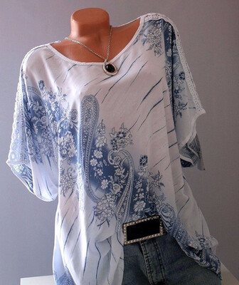 

2018 Women Casual Loose Summer Flower Print Fancy Tops Blouse Short Sleeve T-shirts Crochet Lace Up Tops