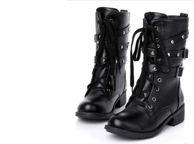 

Women Ankle Martin Boots Winter Lace up Flat Studs Calf Strap Buckle Shoes