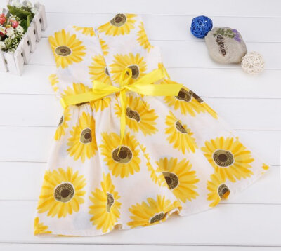 

Kids Children Girl's Wear Sleeveless Cute Sunflower Printed Party Dress