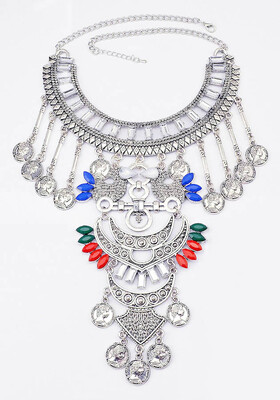 

Idealway Bohemian Silver Alloy Resin Gem Carving Flower Maxi Long Coin Tassel Moon Statement Necklace Earrings Jewelry Sets