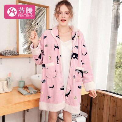 

Fenteng Ms Coral Velvet Pajamas Nightdress 2018 Autumn&Winter New Print Lapel Cardigan Casual Jade Rabbit Velvet Long Sleeve Home Wear J98941564 Pink Purple