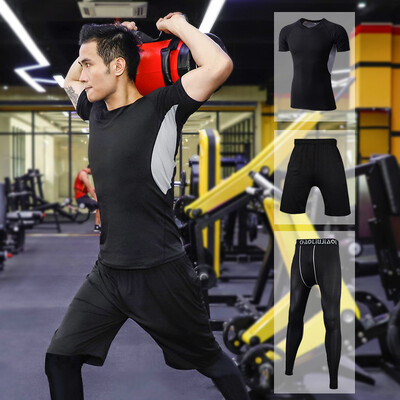 

Fan Dimu sports suit mens fitness clothing tight body quick-drying breathable moisture wicking running basketball suit fitness clothing men FNZ9001-mesh gray - short-sleeved three-piece
