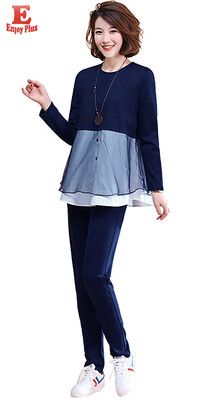 

M L XL XXL 3XL 4XL 5XL plus size cotton new autumn 2018 women clothing two piece set big size blue blouse&pant loose casual