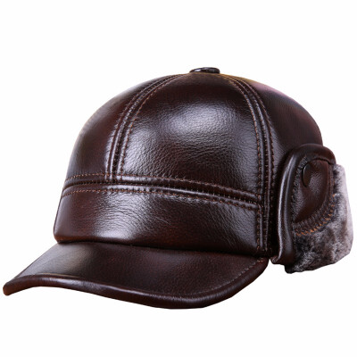 

Mens Baseball Cap Autumn Winter High Quality Cowhide Hat Male Warm Earmuffs Casual Leather Warm Cap Students Leisure Hat B-7257