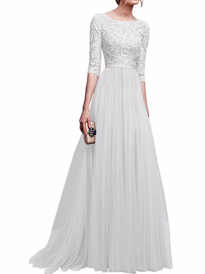 

A-Line Jewel Neck Floor Length Georgette Prom Formal Evening Dress with Appliques long sleeve