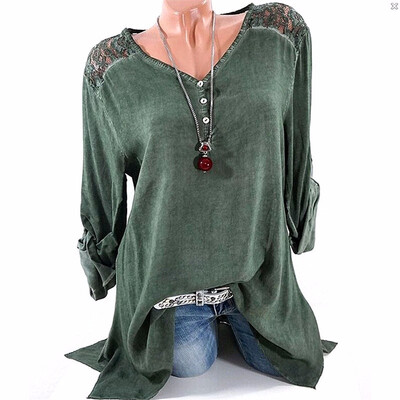 

S-5XL Fashion Womens Long Sleeve Solid Color Sleeve Lace V-neck Blouse Plus Size