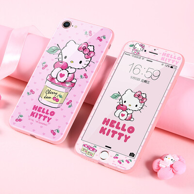 

shell film set Hello Kitty iPhone7plus8plus mobile phone shell Apple 78plus tempered film all-inclusive silicone cartoon anti-fall soft shell innocence Hello Kitty