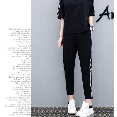 

2018 Summer new womens dress big code fashion loose leisure sports suit short-sleeved T-shirt nine-piece pants two-piece set