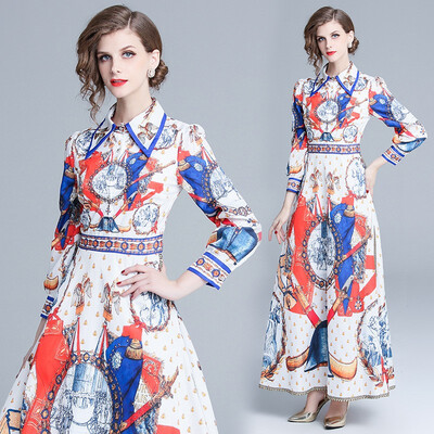 

2018 Autumn Runway Long Dresses Geometry Print Boho Beach Dress Tunic Maxi Women Party Sundress Vestidos