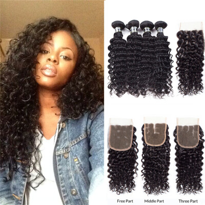 

7A Deep Wave Hair Bundles Peruvian Virgin Hair 4 Bundles With Closure 4x4 Inch Free Part Lace Closure with Bundles Natural Color