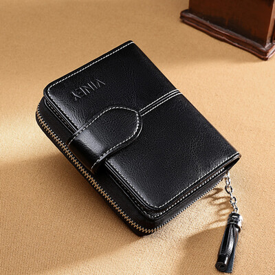 

Viney leather ladies wallet Korean folding zipper simple womens tassel short mini purse black