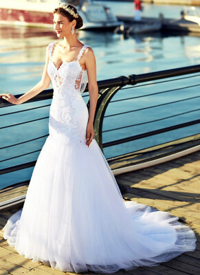 

Special Custom Mermaid Trumpet Straps Chapel Train Tulle Wedding Dresses with Beading by CIRCELEE® Beautiful Back