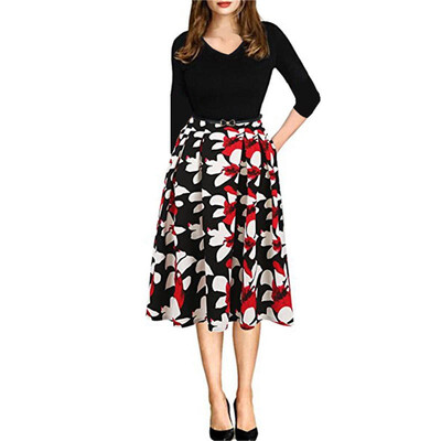 

Women Vintage Flower Print Elegant Ruffle A-Line Business Dress