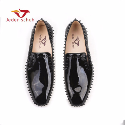 

Jeder Schuh new arrival Handmade Black Patent Leather men spiked shoes party&wedding red bottom mens loafers