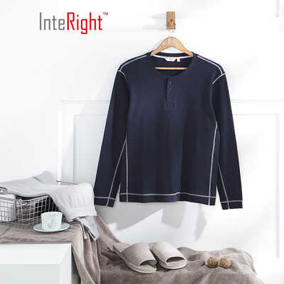 

INTERIGHT home service mens cotton Henry collar long-sleeved trousers suit home service navy blue M