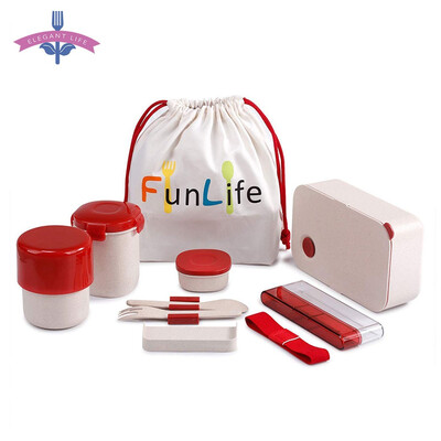 

6 PCS Bento Lunch Box Set Food Storage Container Wheat Straw Leakproof Portable Microwavable With Bag Spoon Fork Set BPA-Free