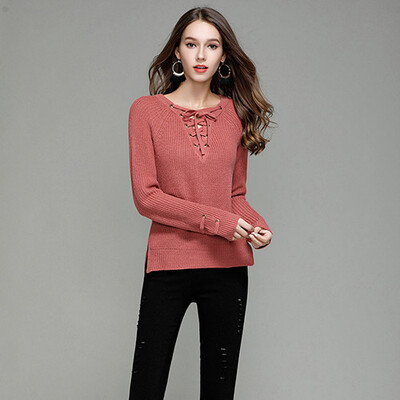 

PREISEI Spring Autumn Fashion Casual Slim Solid Long Sleeve V-Neck Knitted Sweaters Ladies Pullover Women Tops