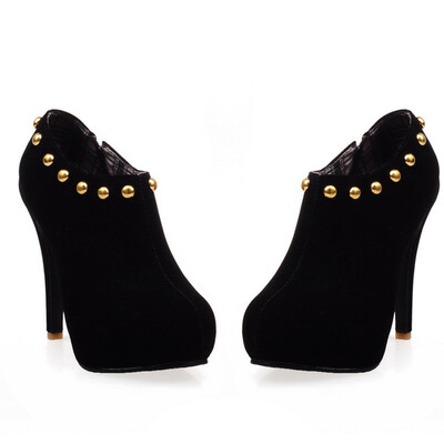 

IDIFU Womens Studded Rivets Round Toe Hidden Platform Stiletto High Heel Side Zipper Velvet Ankle Booties