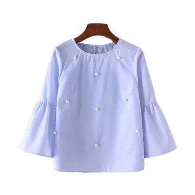 

summer women elegant pearls beading striped shirt with flare sleeve