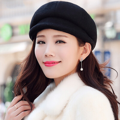 

Lan Shi rain hat female autumn&winter Korean version of the tide solid color wool berets ladies octagonal hat cap M0360 black