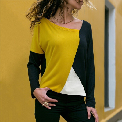 

Women Autumn Casual Round Neck Long Sleeve Blouses Ladies Fashion Loose Sexy T-shirt Splice Contrast Color Tops Cotton Slim F