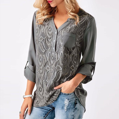 

Women Fashion Casual Solid Color Patchwork Lace Button Pocket V Neck Tops Plus Size Long Sleeve Autumn Slim Fit Pullover Chiffon B