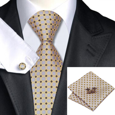 

N-0590 Vogue Men Silk Tie Set Yellow Polka Dots Necktie Handkerchief Cufflinks Set Ties For Men Formal Wedding Business wholesale