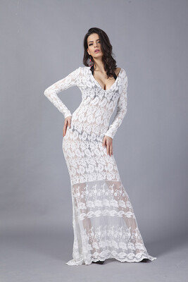

Buenos Ninos Long Sleeve Lace Sexy Long Dress Flowers Hollow Out