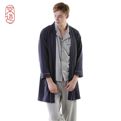 

JZAO mens Ou Weier elastic small terry home clothes nightgown Navy M 17088A