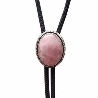 

Vintage Silver Plated Handcraft Nature Lotus Rose Quartz Stone Oval Bolo Tie
