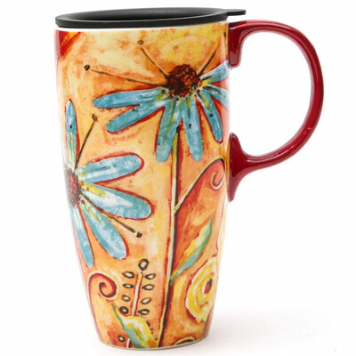 

Travel Coffee Ceramic Mug Porcelain Latte Tea Cup With Lid 17oz Orange Flower