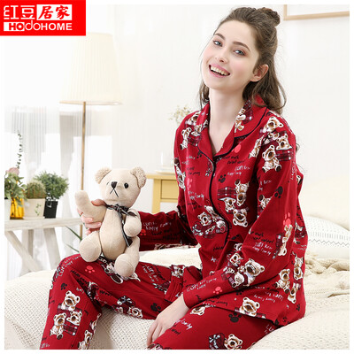 

Red bean home couple pajamas spring&autumn ladies cotton long-sleeved bear letter cartoon lapel cardigan set 474 wine red 16084A