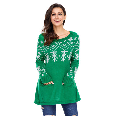 

PREISEI Autumn Winter Sweet Casual Loose Print Pullover Straight Knitted Christmas Sweater Women PR27720