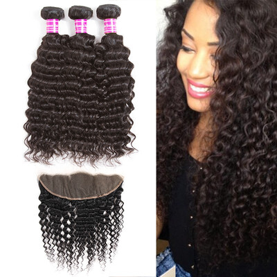 

Glary 8A Malaysian Virgin Hair Bundles With Frontal Unprocessed Deep Wave With Frontal Top Quality Lace Frontal with 3 Bundles