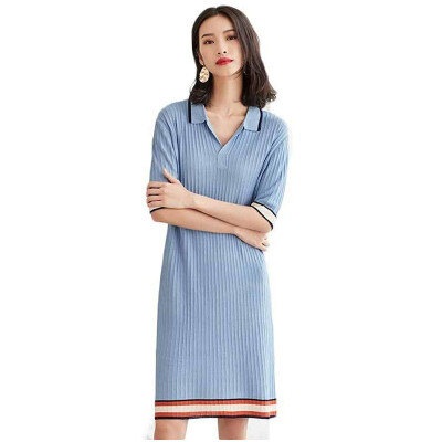 

Ice silk knit dress female POPL collar 2018 new womens summer loose T-shirt large size was thin five-point sleeve