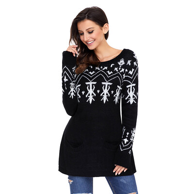 

PREISEI Autumn Winter Sweet Casual Loose Print Pullover Straight Knitted Christmas Sweater Women PR27720