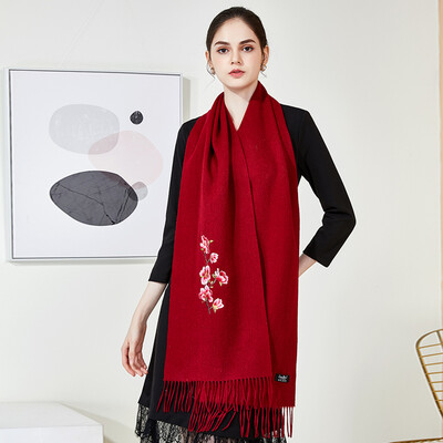 

Lan Shi Yu wool scarf ladies autumn&winter shawl warm su embroidery plus long solid color tassel gift collar W8417 wine red plum