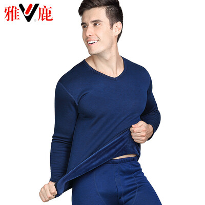 

Yalu thermal underwear mens thickening plus velvet Qiuyi Qiuku suits de velvet thick thermal underwear lovers suit male V-neck blue XXL