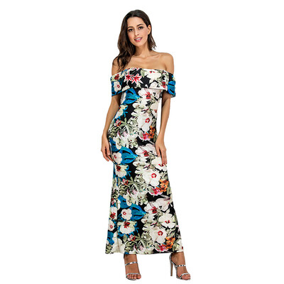 

PREISEI Summer Women Elegant Sexy Slim Off Shoulder Print Party Dress Slash Neck Ruffles Long Maxi Beach Dresses Vestido PR7256