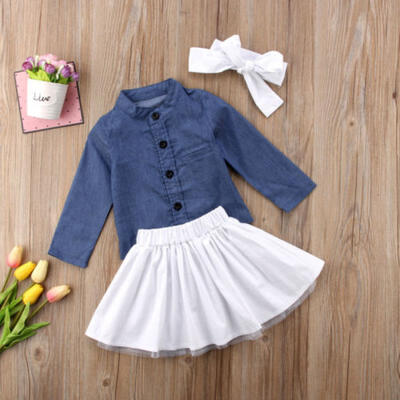

Toddler Baby Girl Clothes Set Denim topsskirtsHeadband Outfits Summer Outfits