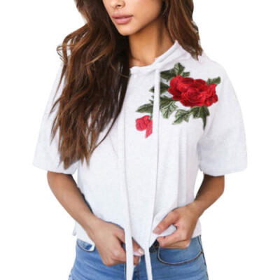 

Damen Kurzarm Blumen Hoodie Sweatshirt mit Kapuze T-Shirt Sommer Bluse Top