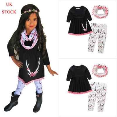 

UK Stock Fashion Baby Girls Antlers Pattern Clothes DressPantsScarf 3PCs Set