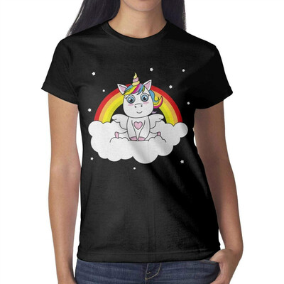

Pink Unicorn Rainbow with Star Womens Black t Shirts Vintage Pretty Women Cotton tee Shirt